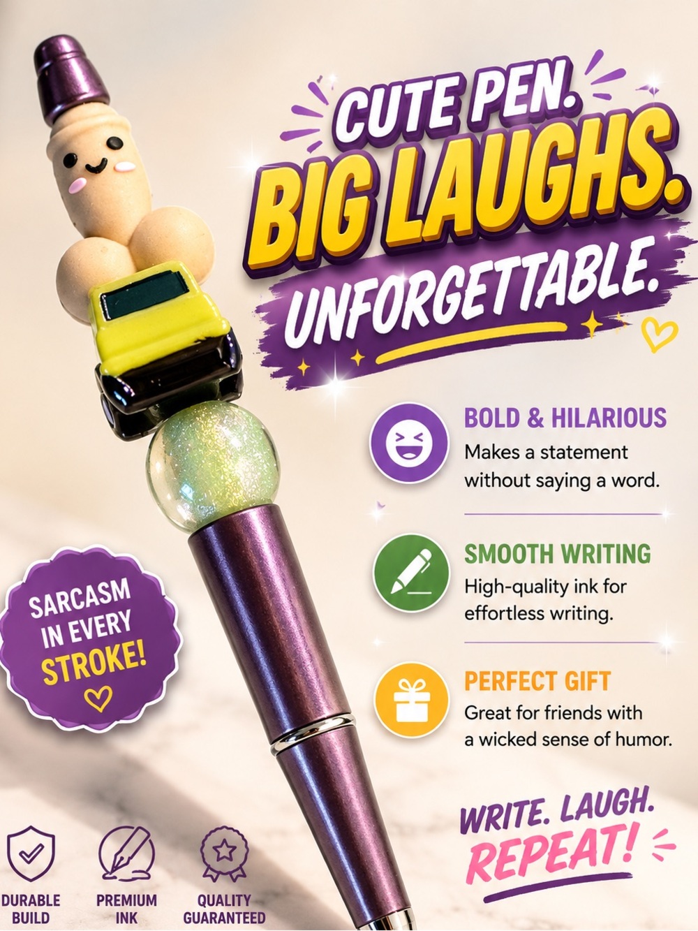 Funny pe-nis hand Crafted Beige Character Pen Topper with Yellow Car